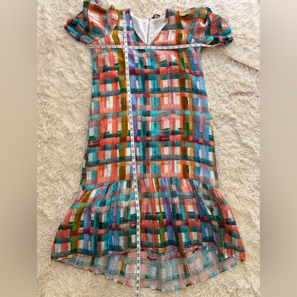 Marie Oliver Linen Silk Blend Plaid Dress Multicolor Puff Sleeve Size M - Picture 6 of 8